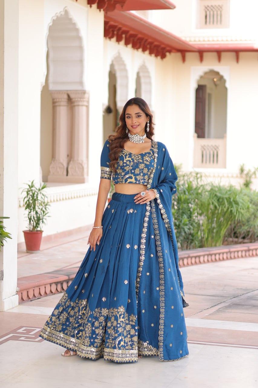Blue Vichitra Silk With Heavy Sequins Thread Embroidered Work Lehenga Choli