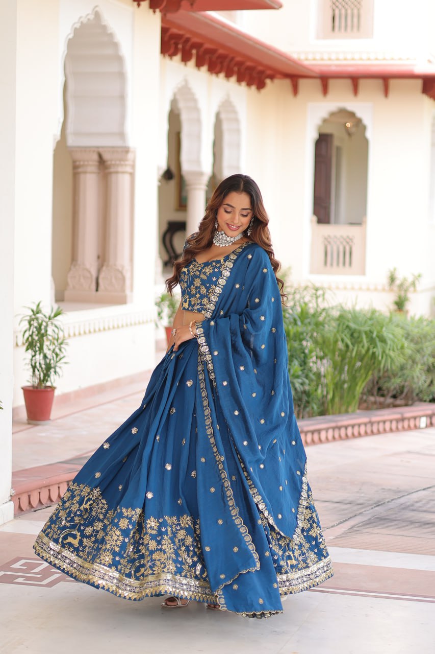 Blue Vichitra Silk With Heavy Sequins Thread Embroidered Work Lehenga Choli