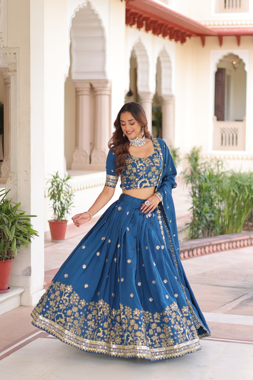 Blue Vichitra Silk With Heavy Sequins Thread Embroidered Work Lehenga Choli