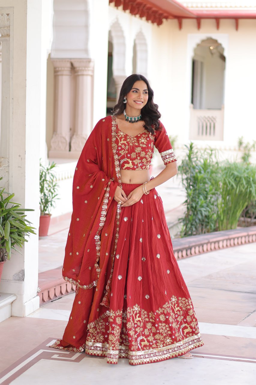 Poppy Vichitra Silk With Heavy Sequins Thread Embroidered Work Lehenga Choli