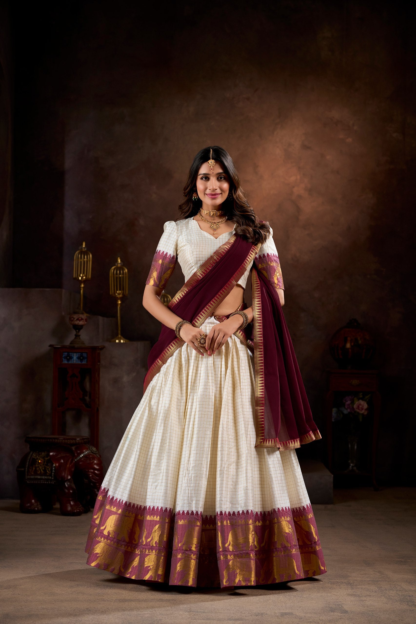 White Kalyani Cotton Zari Weaving Work Lehenga Choli for Wome