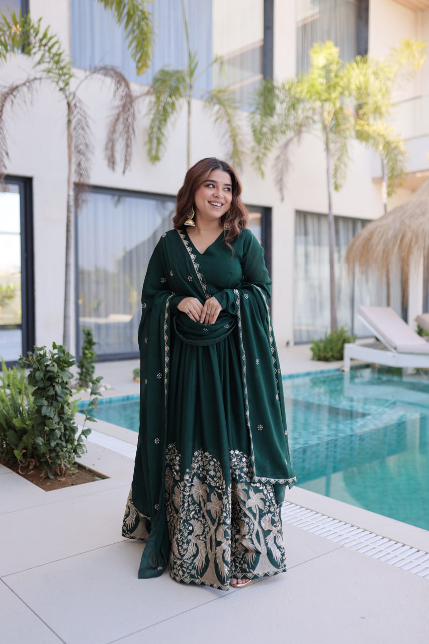 Green Rangoli Crush With Sequins Multi Embroidered Work Gown