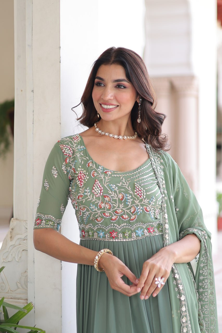 Crystal Sea Gren Faux Blooming With Sequins Embroidered Work Gown