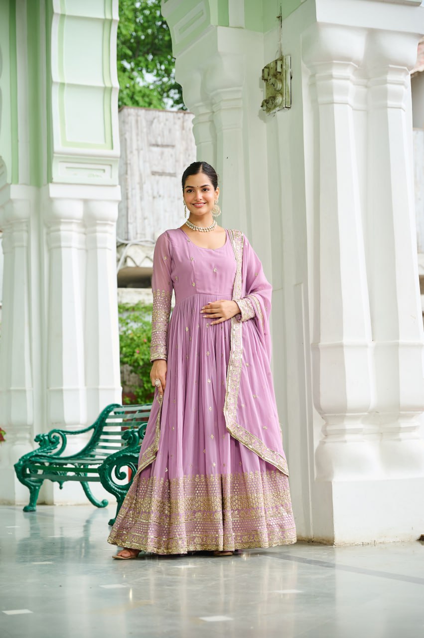 Lavender Georgette With Embroidered Work Gown