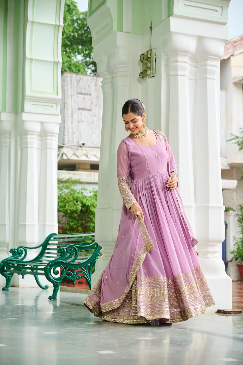 Lavender Georgette With Embroidered Work Gown