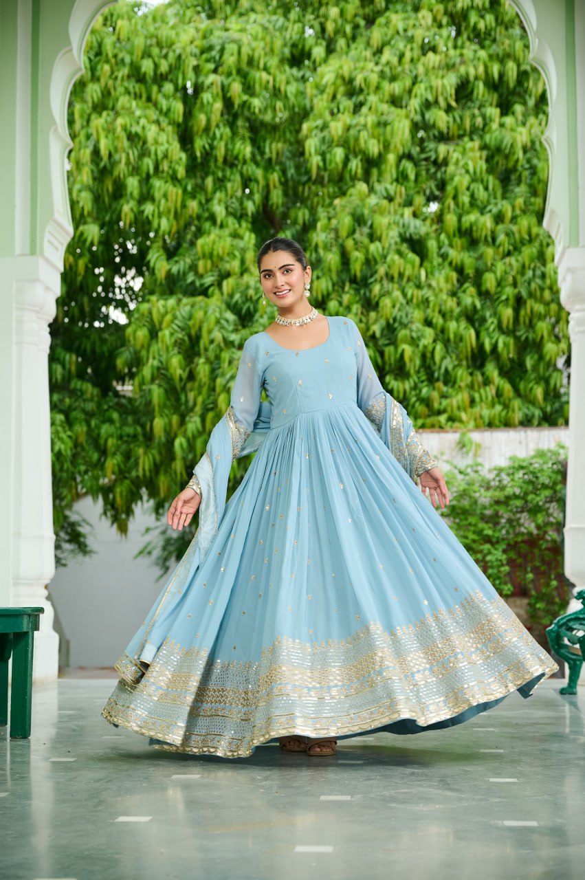 Sky Georgette With Embroidered Work Gown