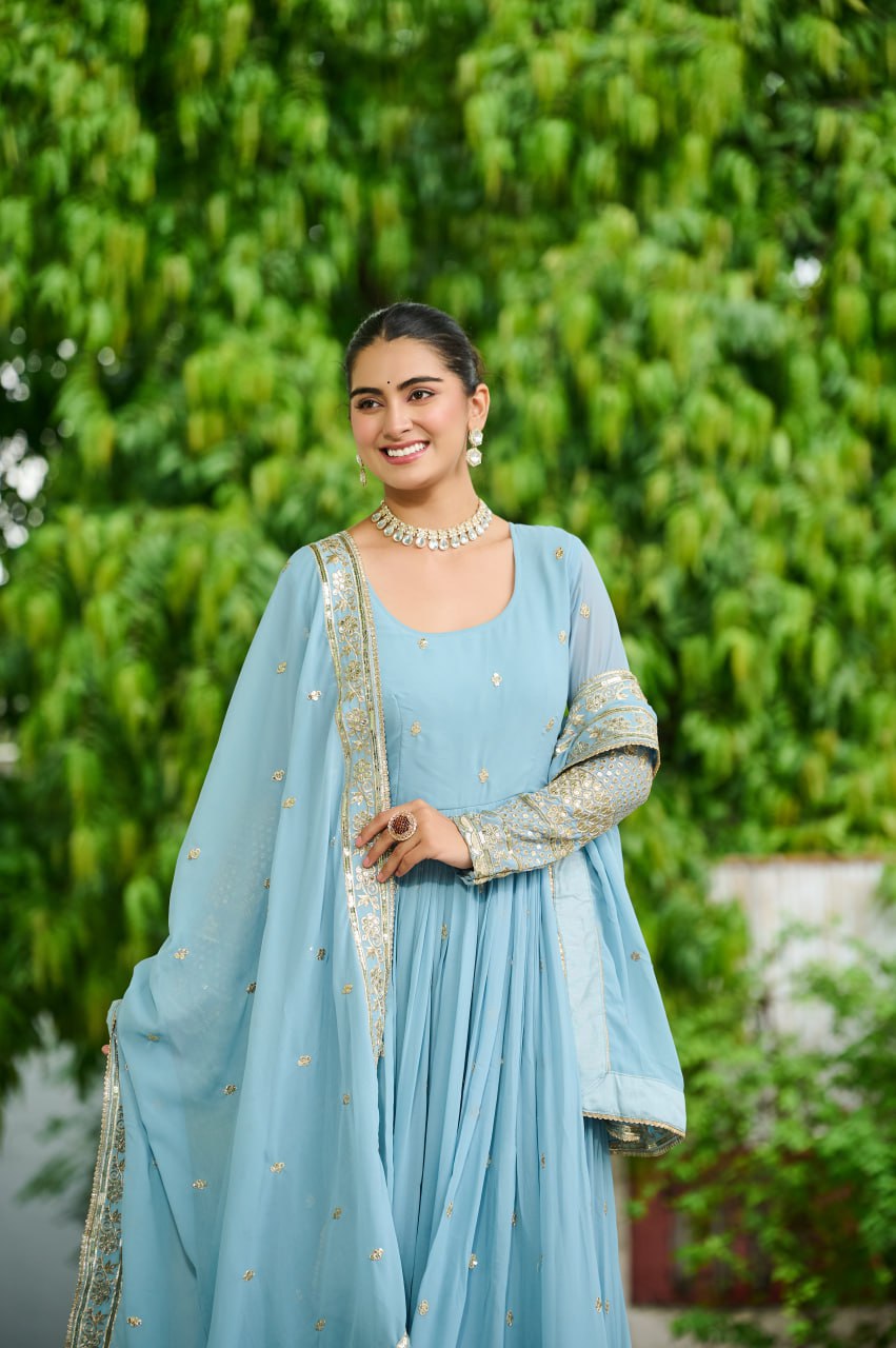 Sky Georgette With Embroidered Work Gown