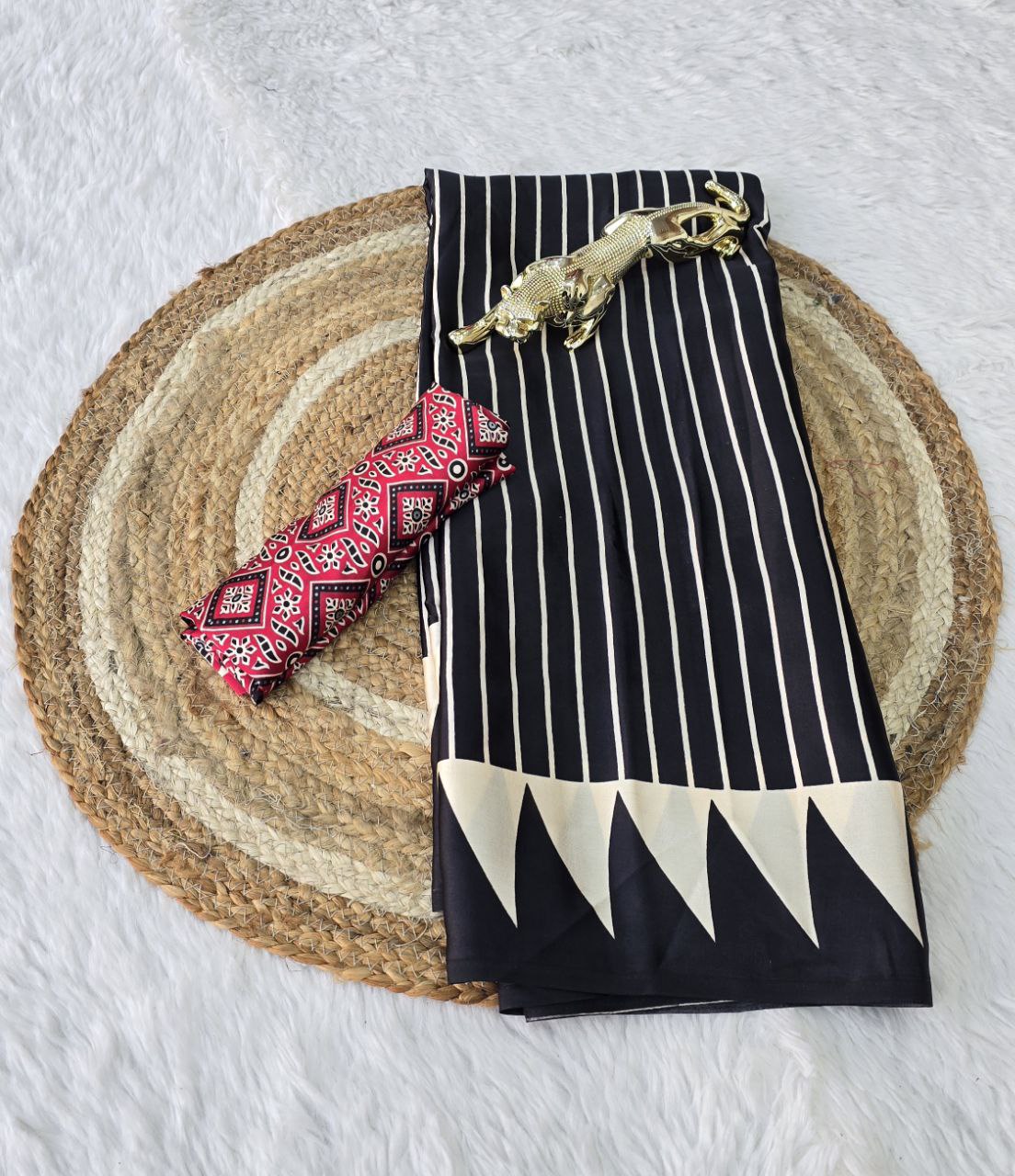 Black Gajji Silk Ajrakh Print Border With Ajrakh Rich Pallu Saree