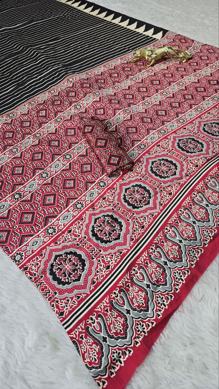 Black Gajji Silk Ajrakh Print Border With Ajrakh Rich Pallu Saree