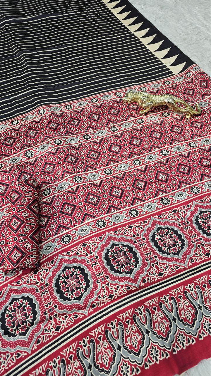 Black Gajji Silk Ajrakh Print Border With Ajrakh Rich Pallu Saree
