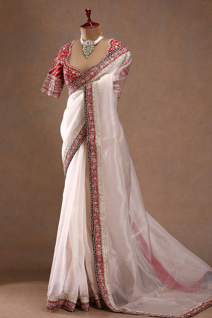 White Beautiful Dual Sequence And Cording Embroidery Work Saree
