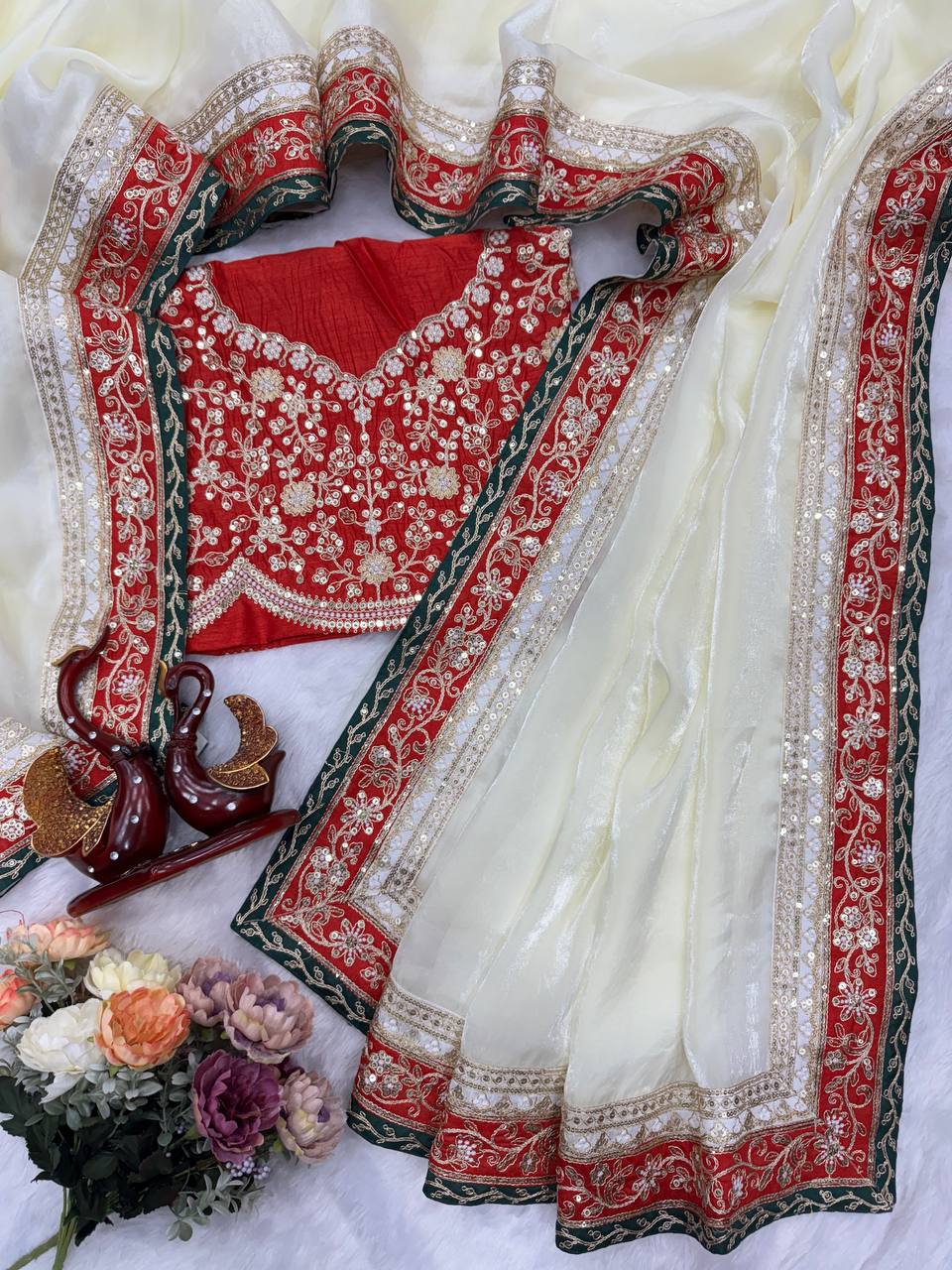 White Beautiful Dual Sequence And Cording Embroidery Work Saree
