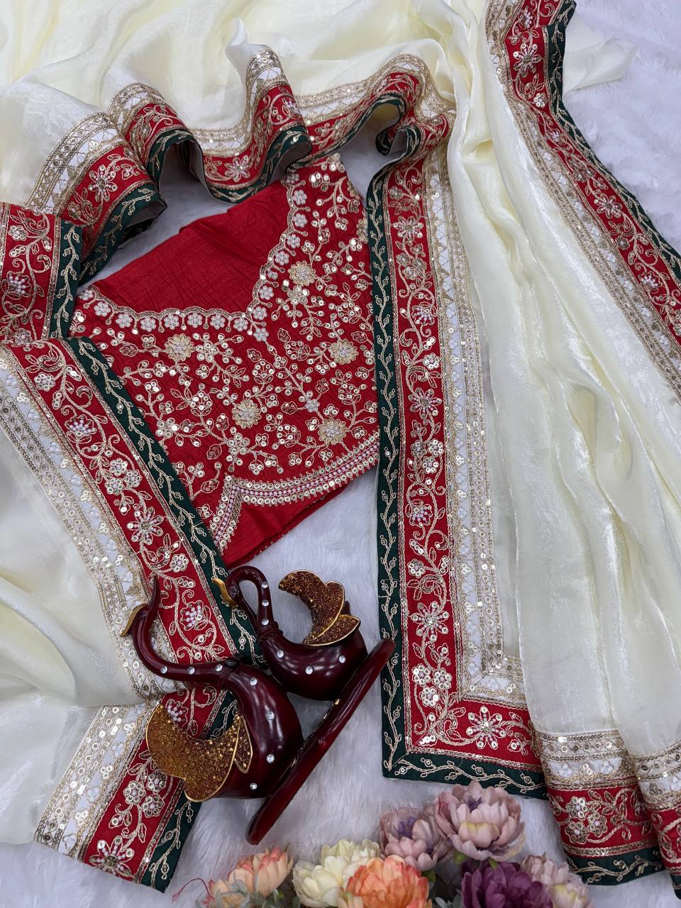 White Beautiful Dual Sequence And Cording Embroidery Work Saree