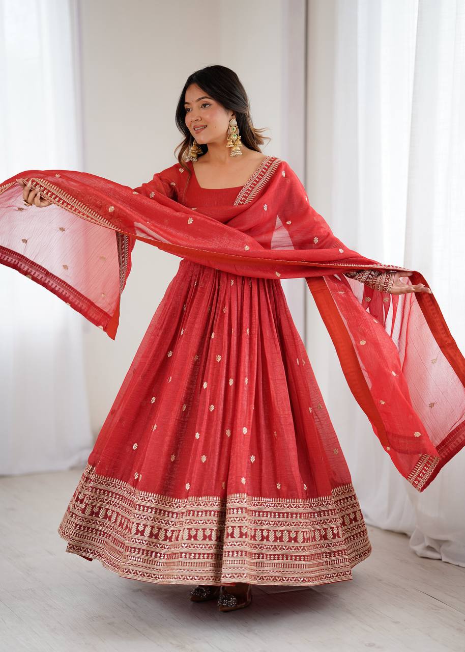 Rust Pure Crunchy Silk Embroidery Jari And Sequence Work Anarkali Gown