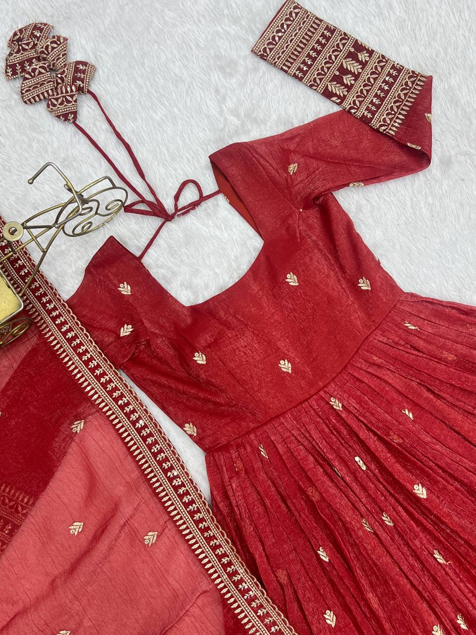 Rust Pure Crunchy Silk Embroidery Jari And Sequence Work Anarkali Gown