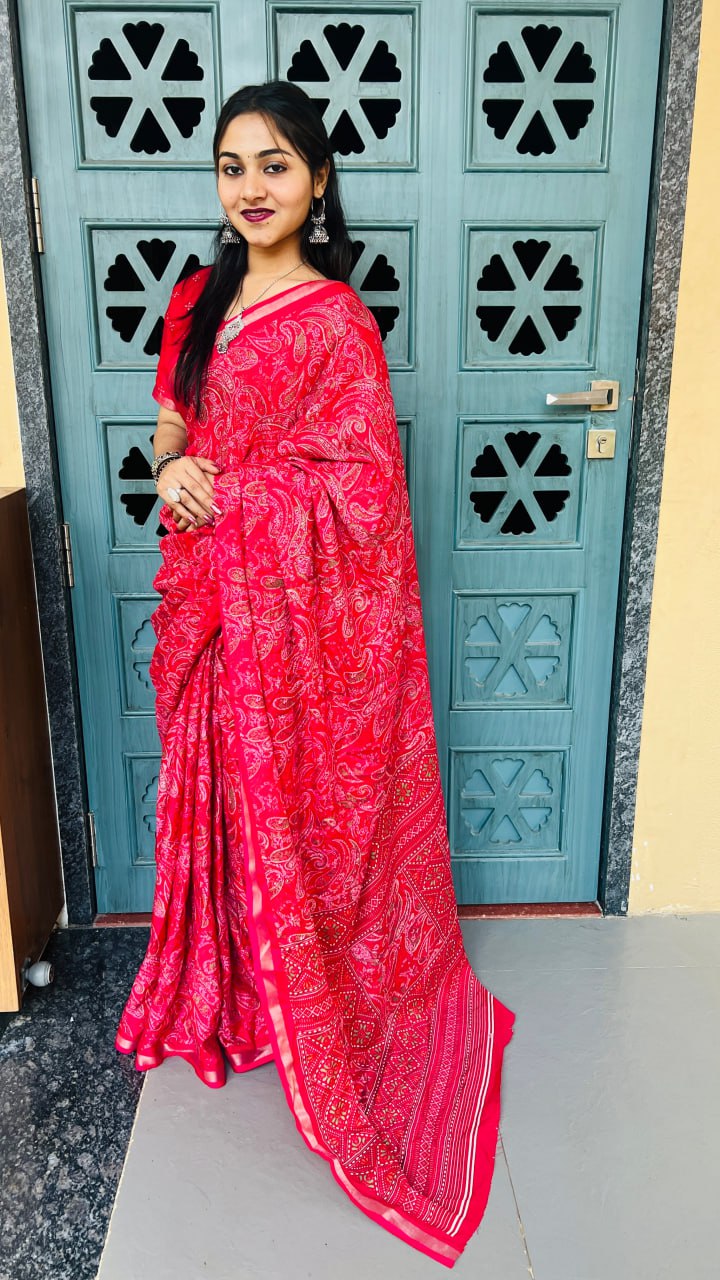 Bright Red Mul Mul Cotton Silk Print Lightweight Saree