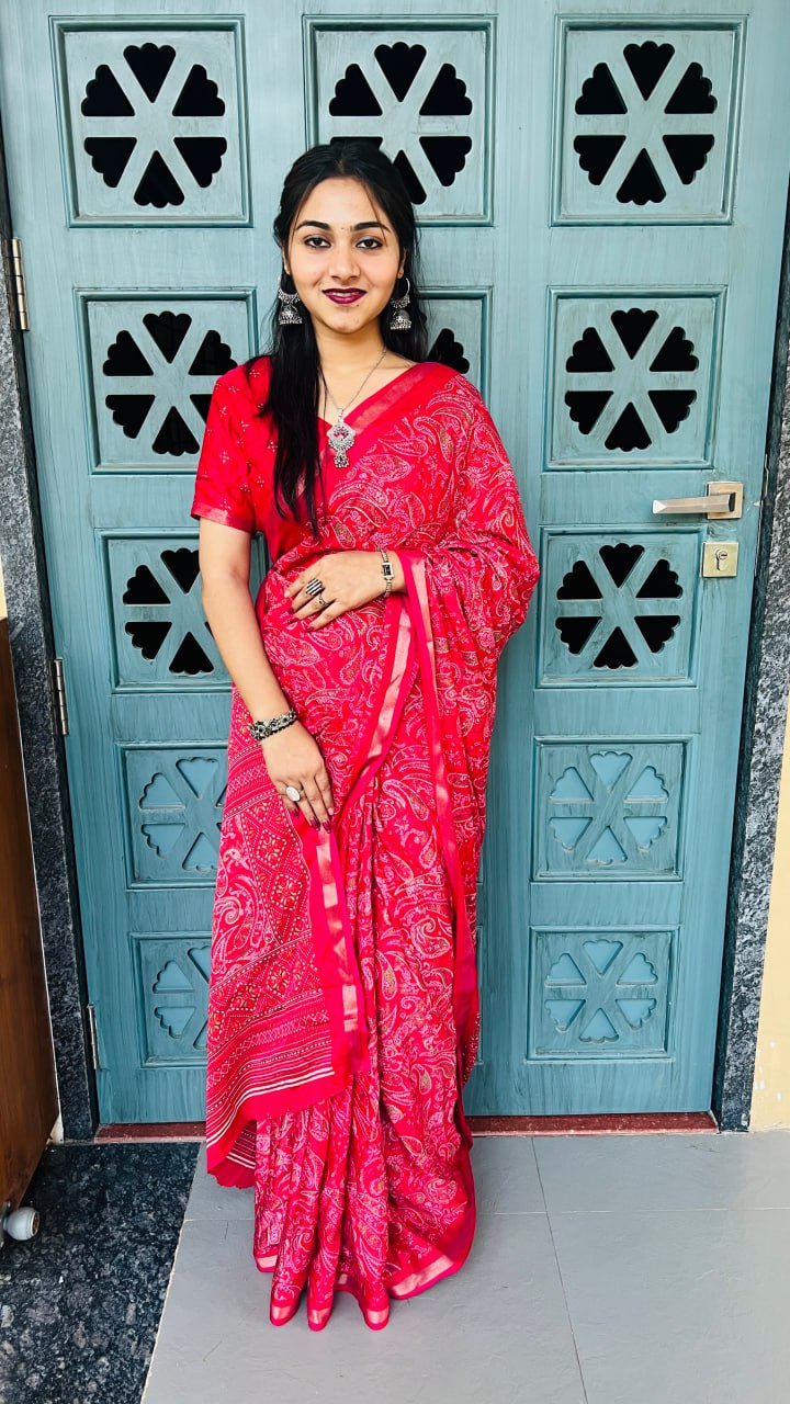 Bright Red Mul Mul Cotton Silk Print Lightweight Saree