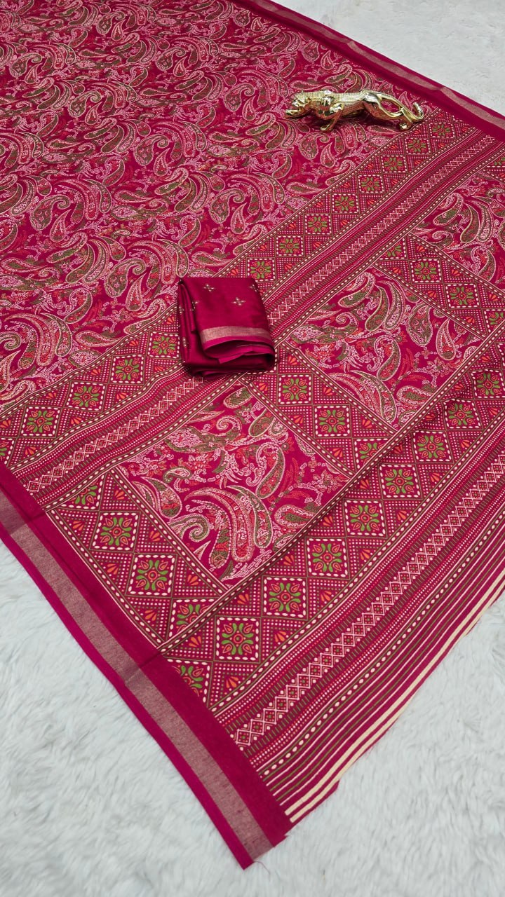 Bright Red Mul Mul Cotton Silk Print Lightweight Saree