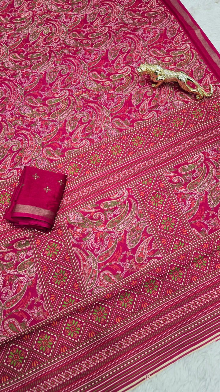 Bright Red Mul Mul Cotton Silk Print Lightweight Saree