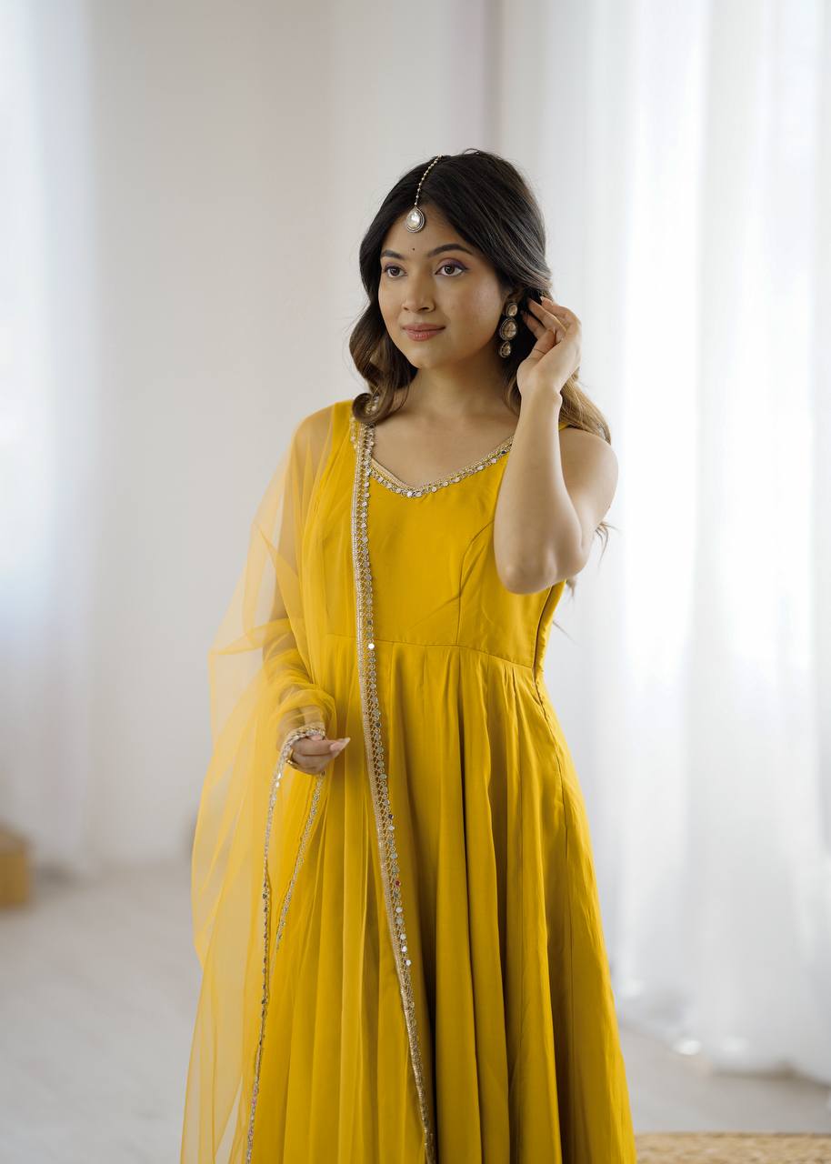 Yellow Heavy Pure Roman silk Chanderi Fabric Salwar Suit