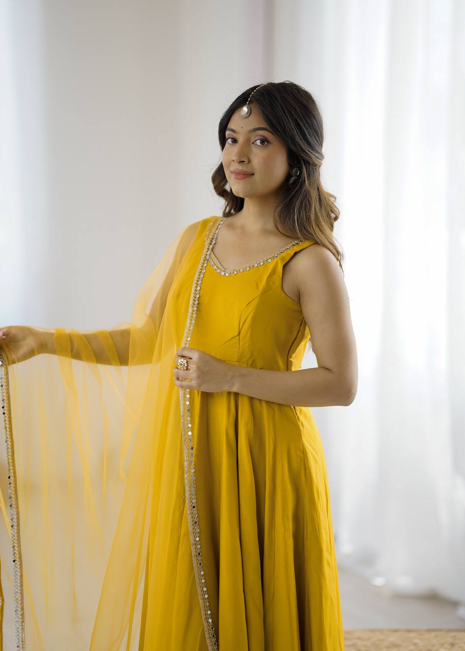 Yellow Heavy Pure Roman silk Chanderi Fabric Salwar Suit