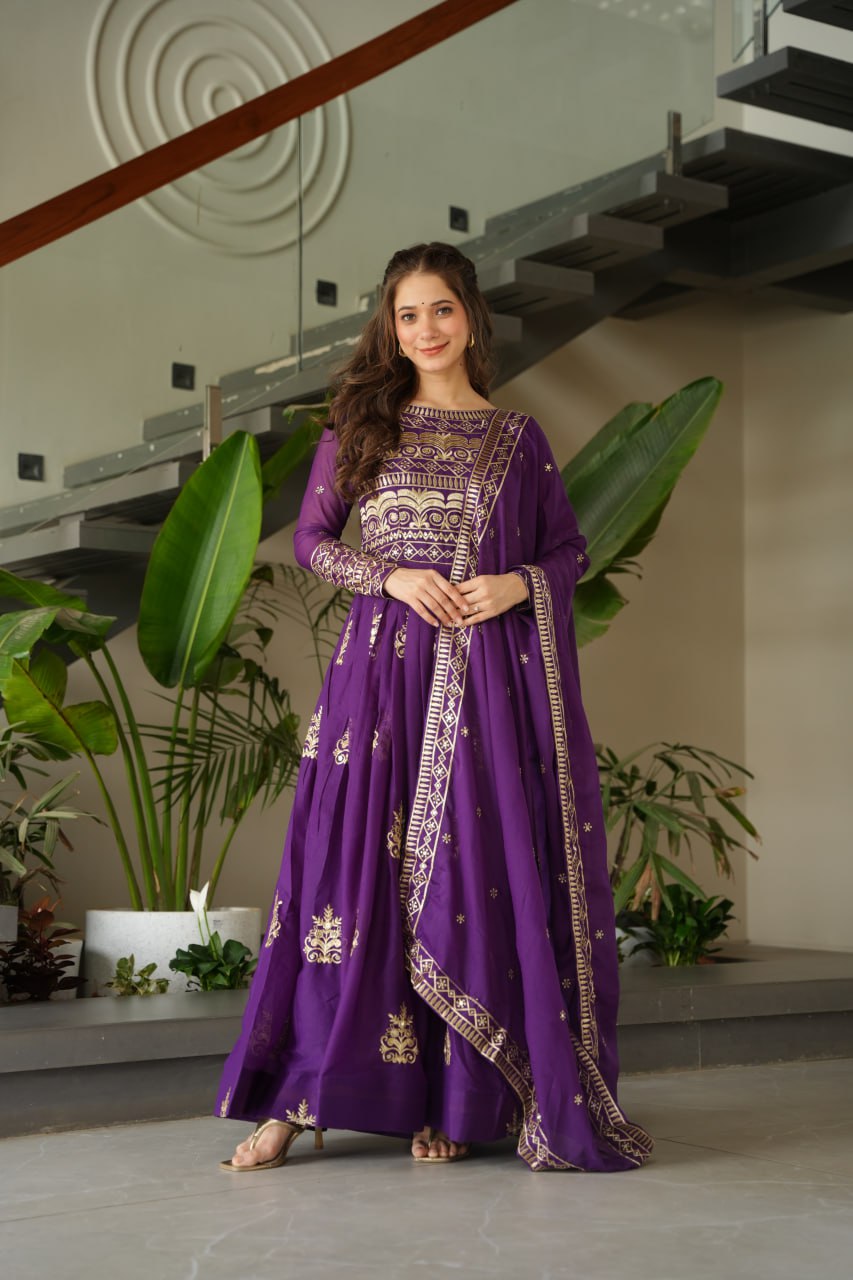 Purple Color Chinnon With Sequins Multi Beads Embroidered Work Gown