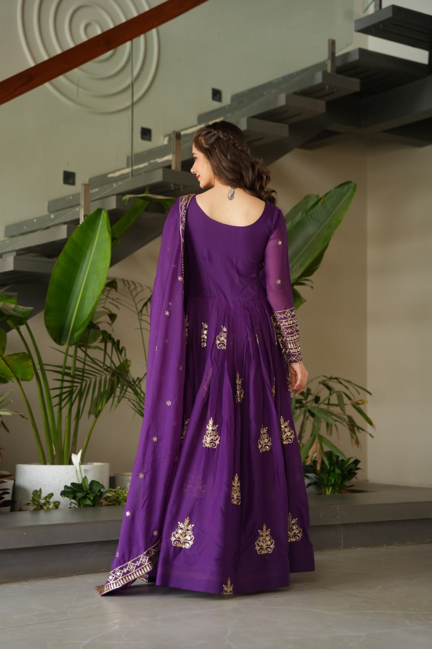 Purple Color Chinnon With Sequins Multi Beads Embroidered Work Gown