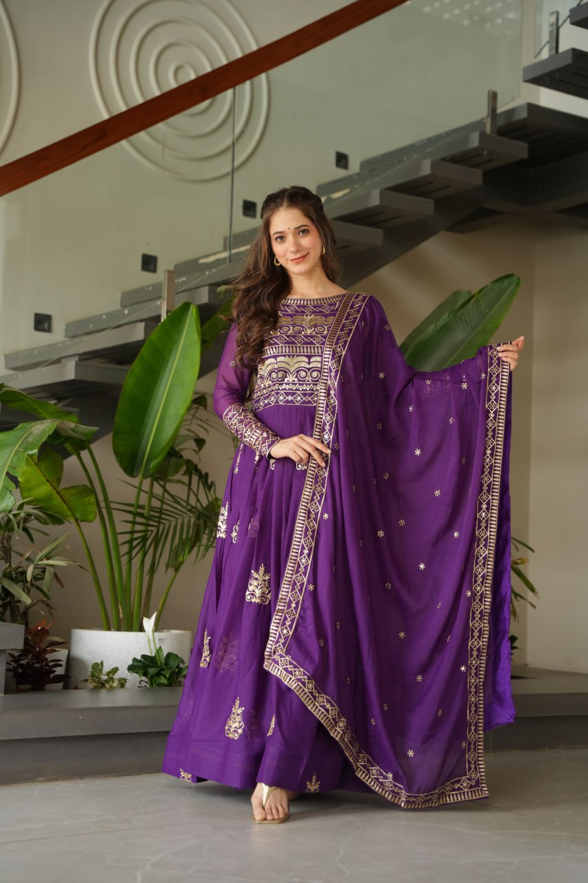 Purple Color Chinnon With Sequins Multi Beads Embroidered Work Gown