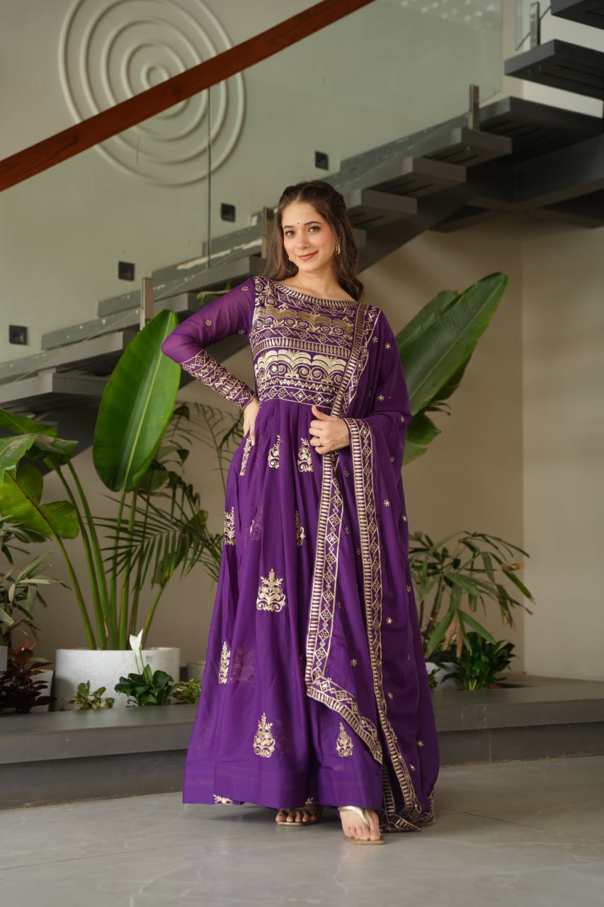 Purple Color Chinnon With Sequins Multi Beads Embroidered Work Gown