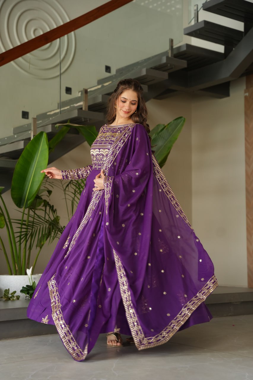 Purple Color Chinnon With Sequins Multi Beads Embroidered Work Gown