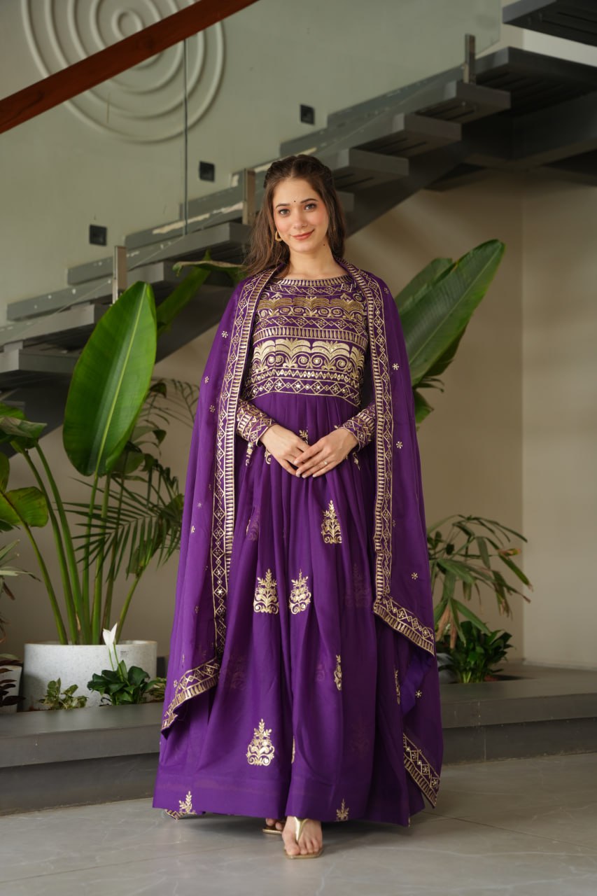 Purple Color Chinnon With Sequins Multi Beads Embroidered Work Gown