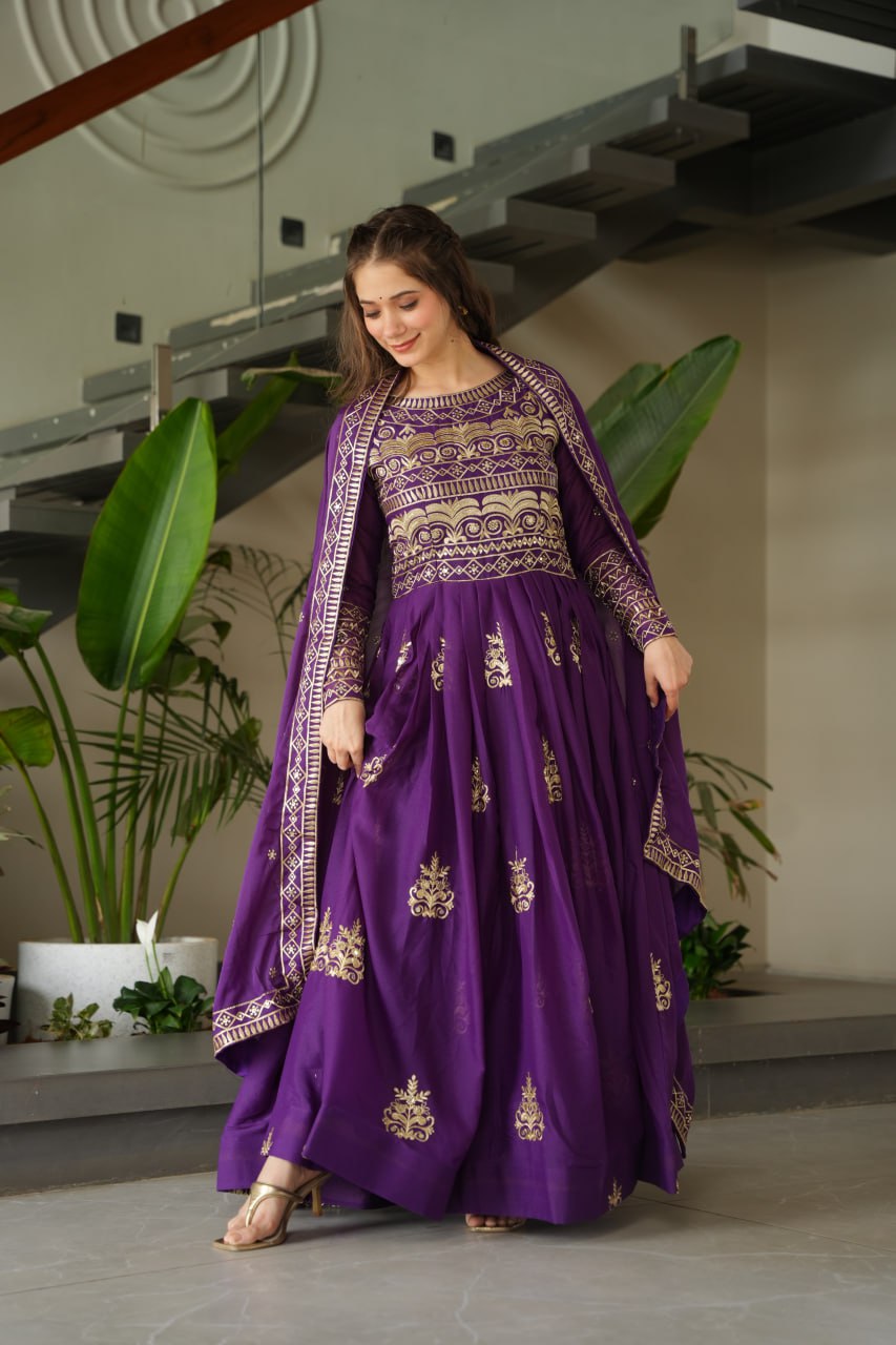 Purple Color Chinnon With Sequins Multi Beads Embroidered Work Gown