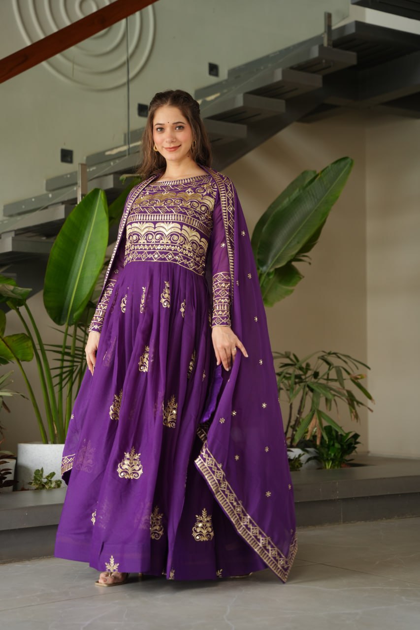 Purple Color Chinnon With Sequins Multi Beads Embroidered Work Gown