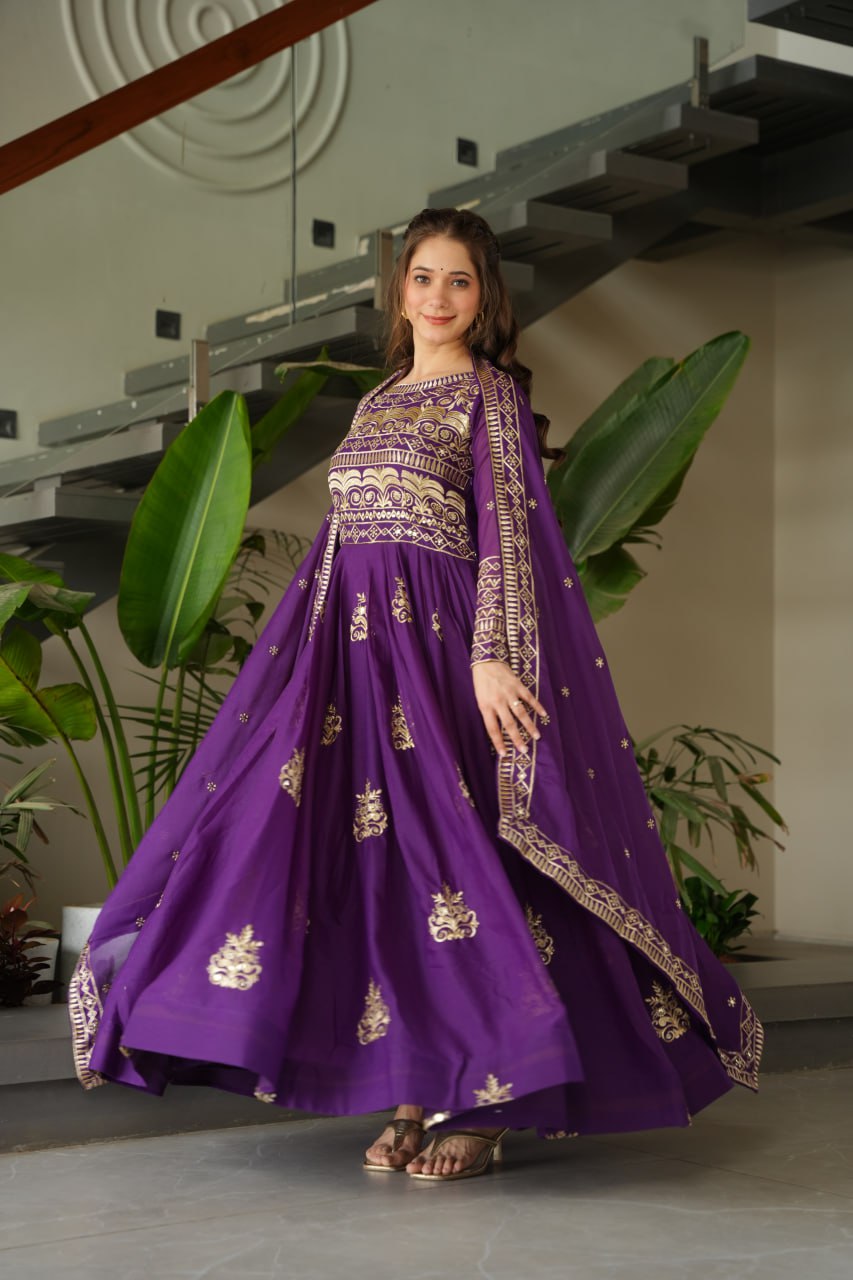 Purple Color Chinnon With Sequins Multi Beads Embroidered Work Gown