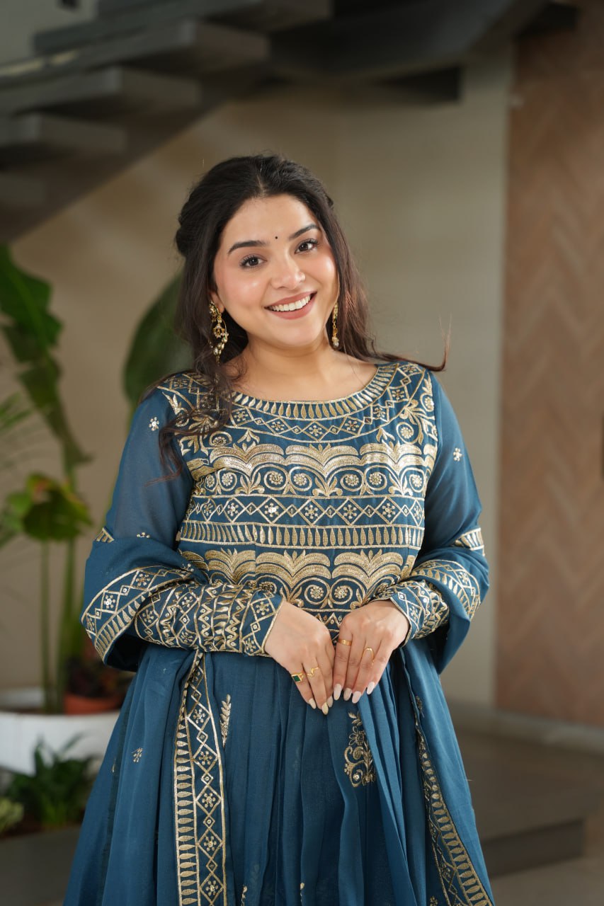 Rama Color Chinnon With Sequins Multi Beads Embroidered Work Gown