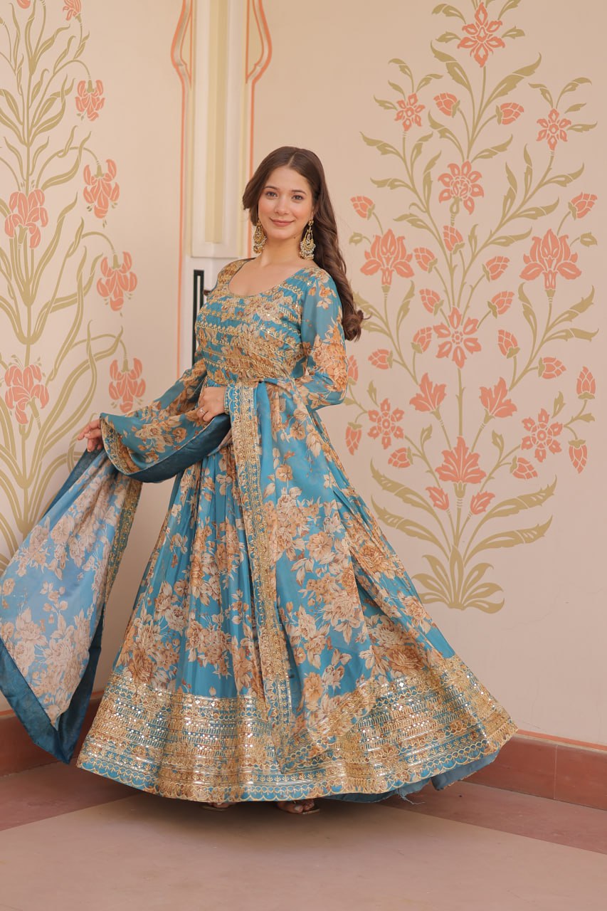 Blue Color Russian Silk Rich Digital Print With Embroidered Sequins Work Gown