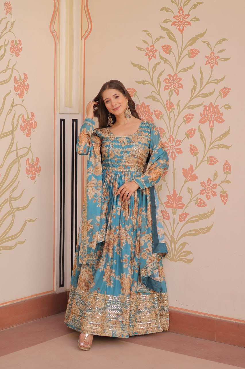 Blue Color Russian Silk Rich Digital Print With Embroidered Sequins Work Gown