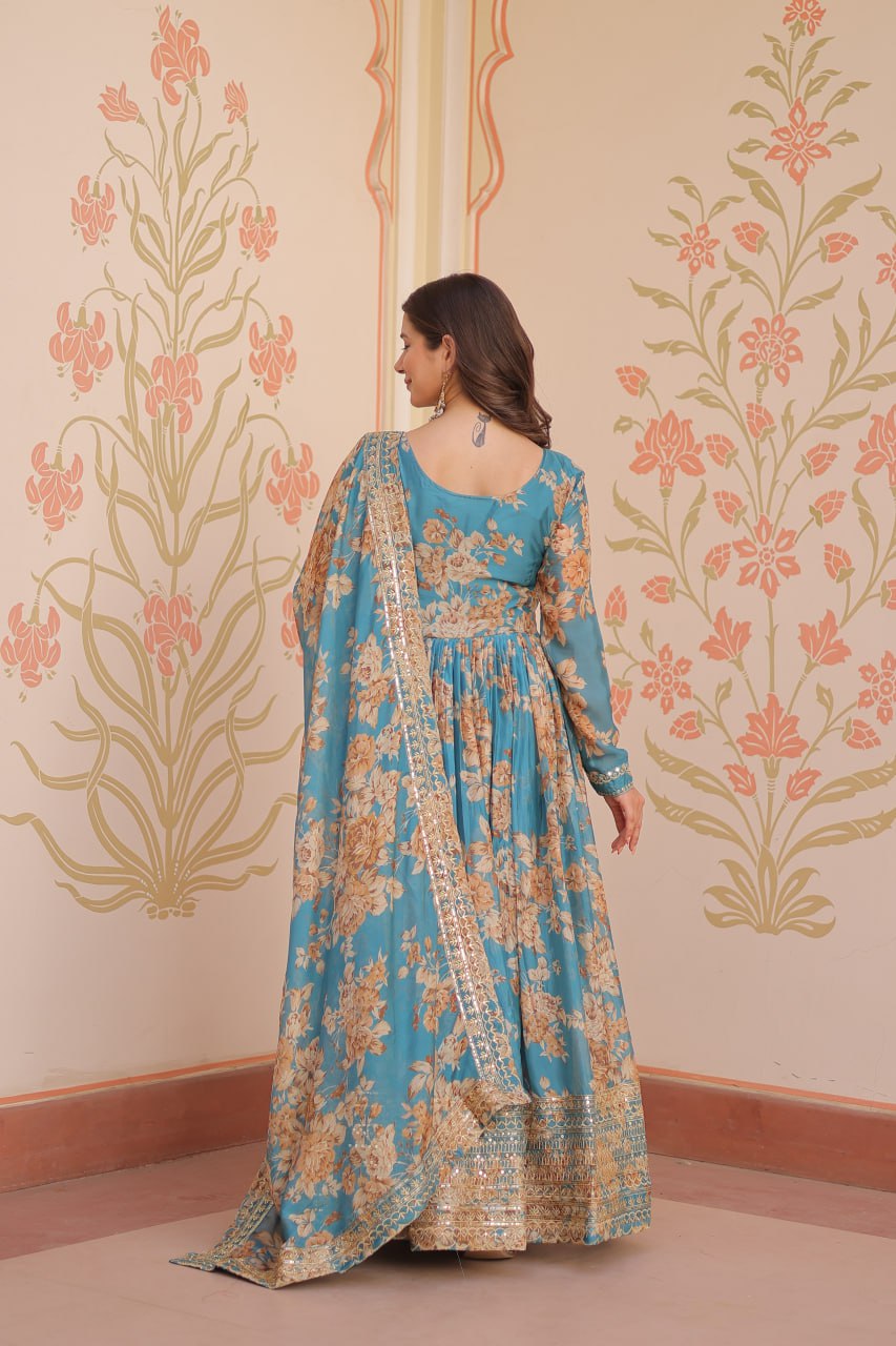 Blue Color Russian Silk Rich Digital Print With Embroidered Sequins Work Gown