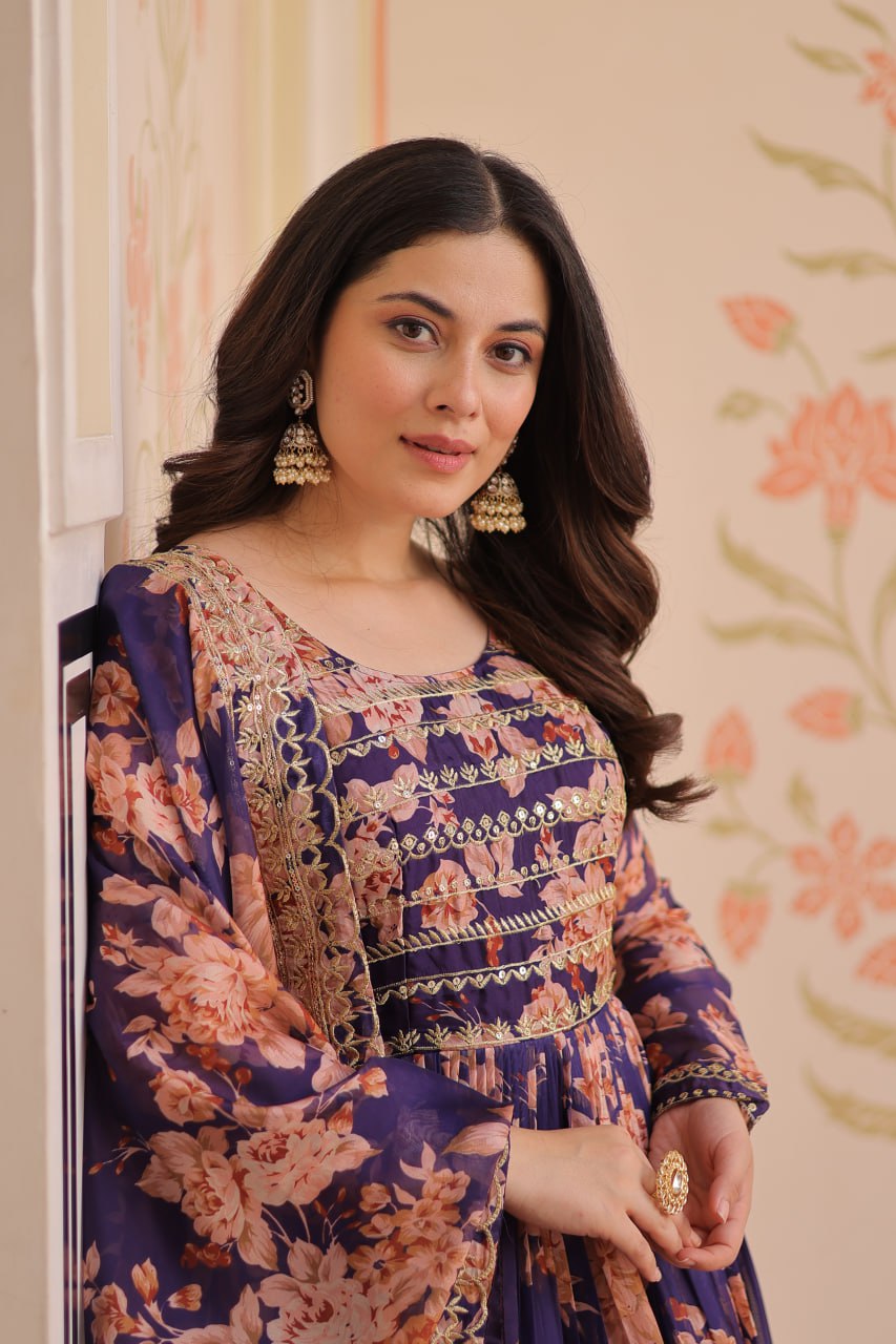 Purple Color Russian Silk Rich Digital Print With Embroidered Sequins Work Gown