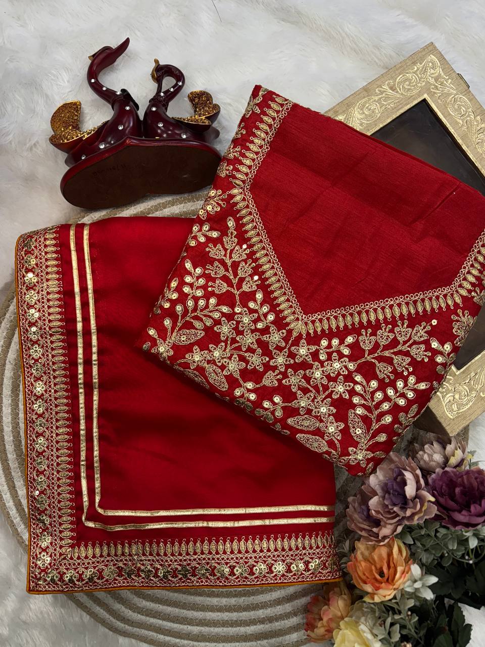 Red Embroidery Work In Banglori Silk Stunning Sequence Saree