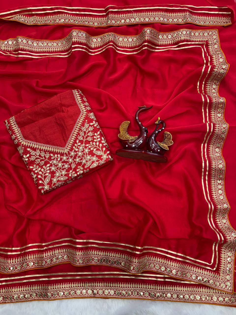 Red Embroidery Work In Banglori Silk Stunning Sequence Saree