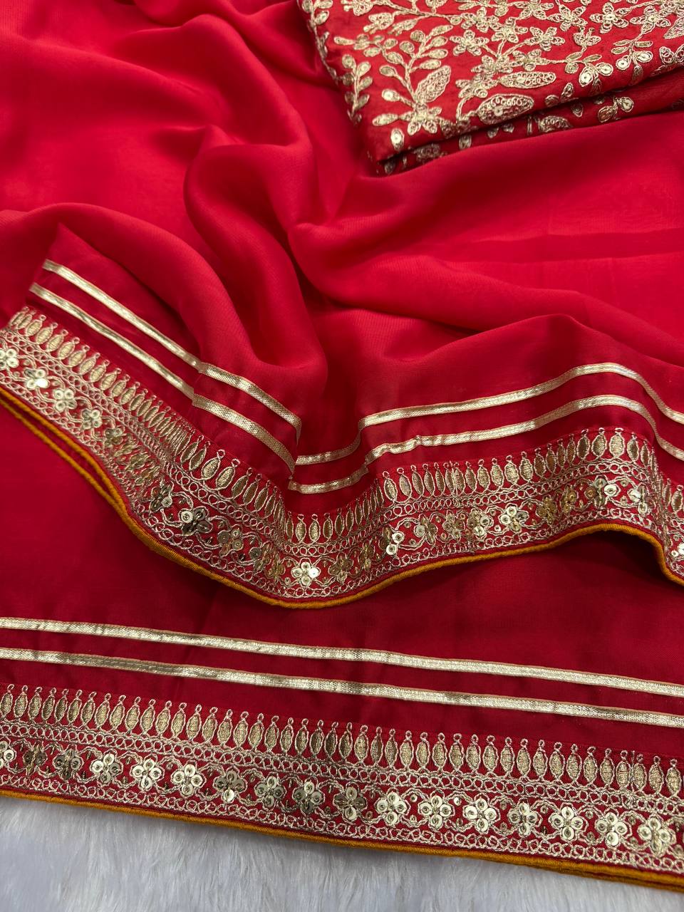 Red Embroidery Work In Banglori Silk Stunning Sequence Saree
