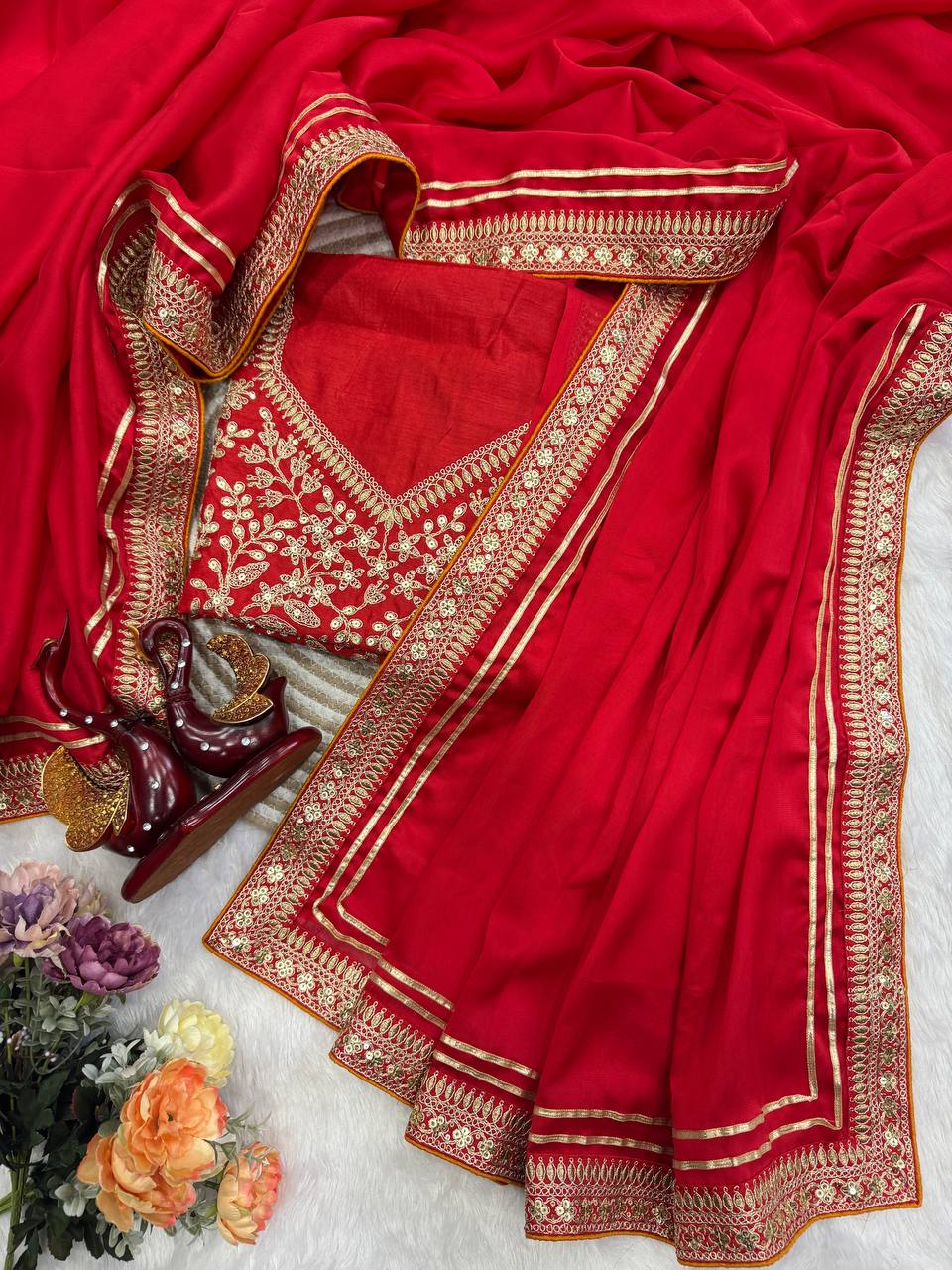 Red Embroidery Work In Banglori Silk Stunning Sequence Saree