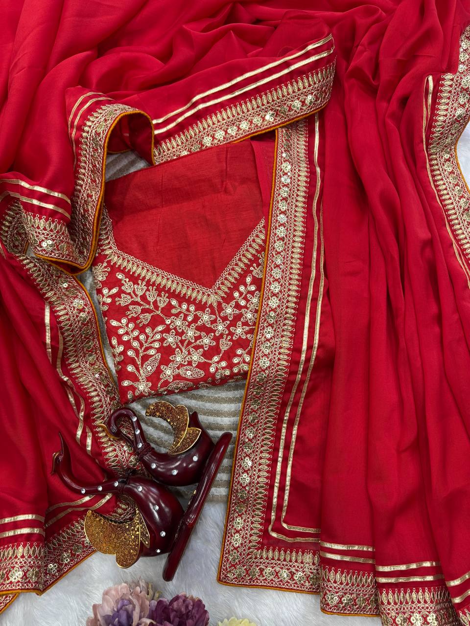 Red Embroidery Work In Banglori Silk Stunning Sequence Saree