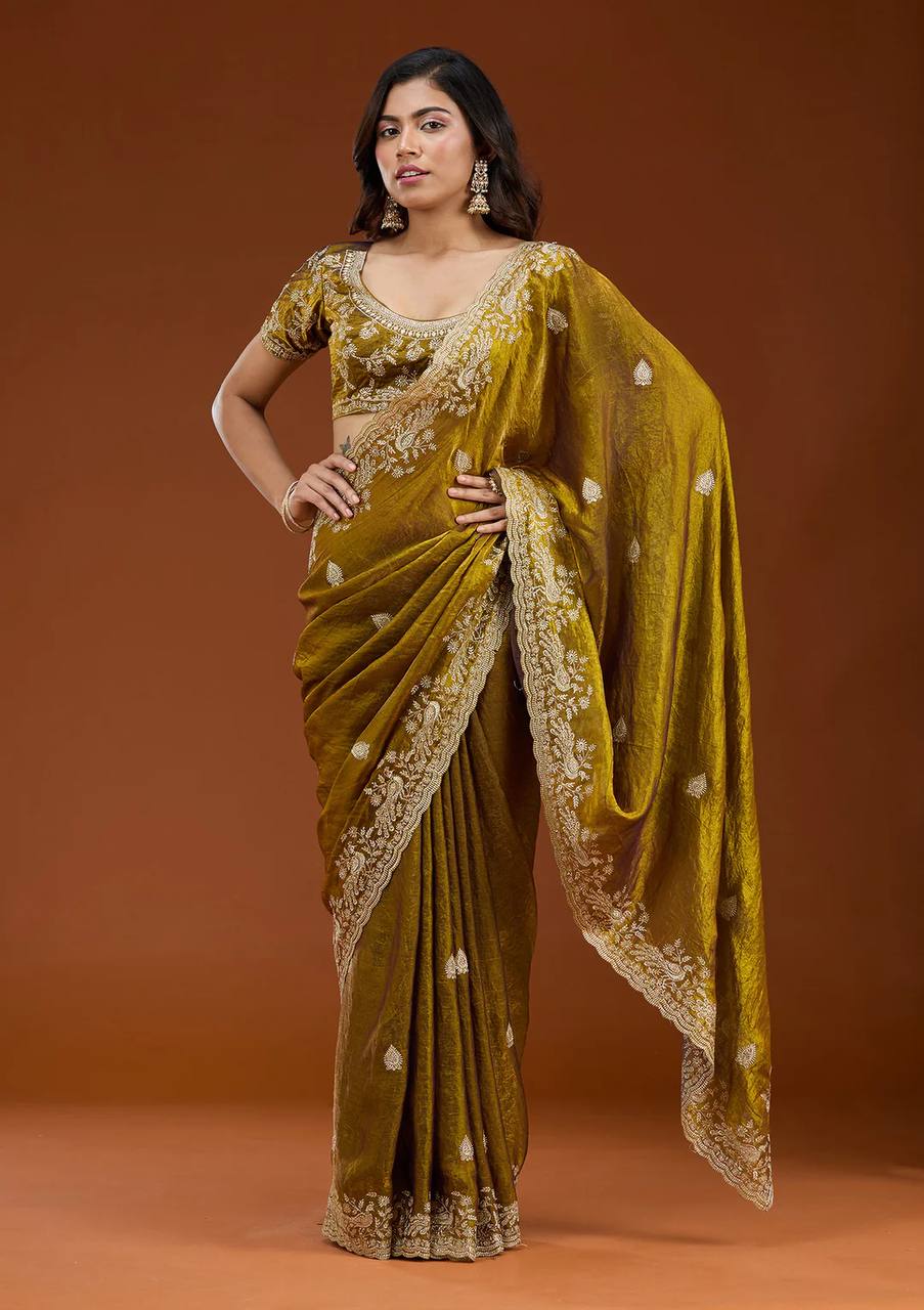 Mehandi Chiffon Silk Beautiful Sequence And Zari Embroidery Work Saree