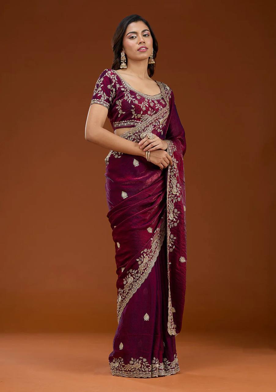 Wine Chiffon Silk Beautiful Sequence And Zari Embroidery Work Saree