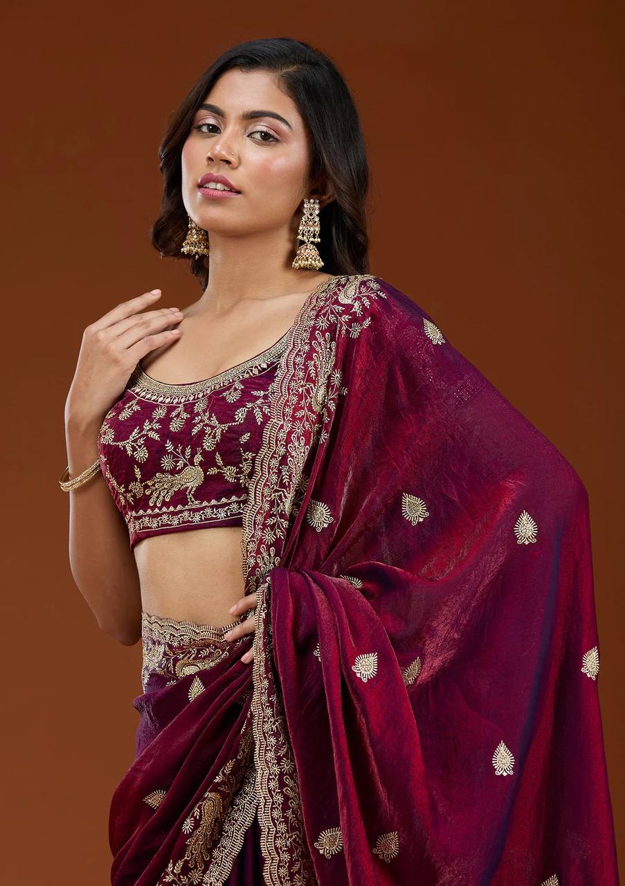 Wine Chiffon Silk Beautiful Sequence And Zari Embroidery Work Saree