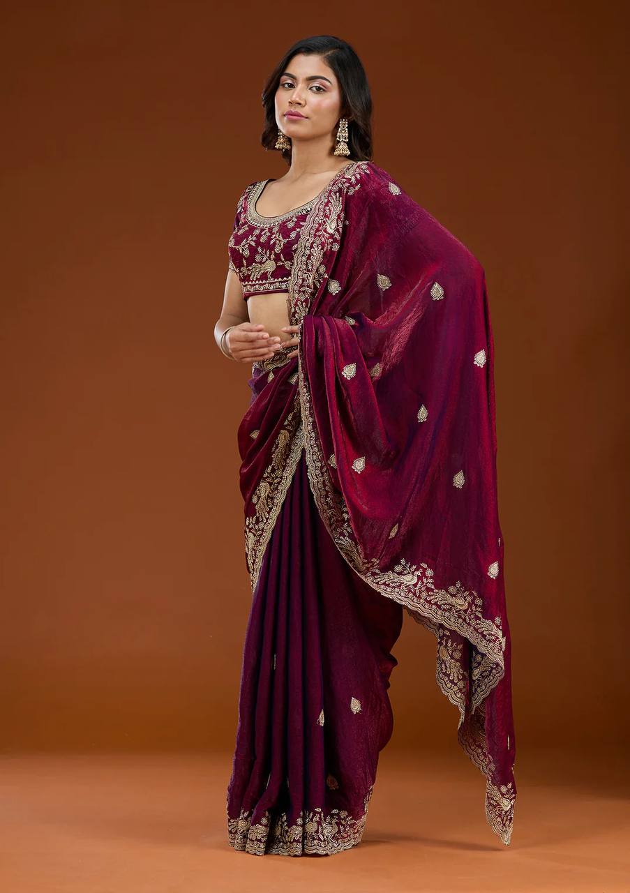 Wine Chiffon Silk Beautiful Sequence And Zari Embroidery Work Saree