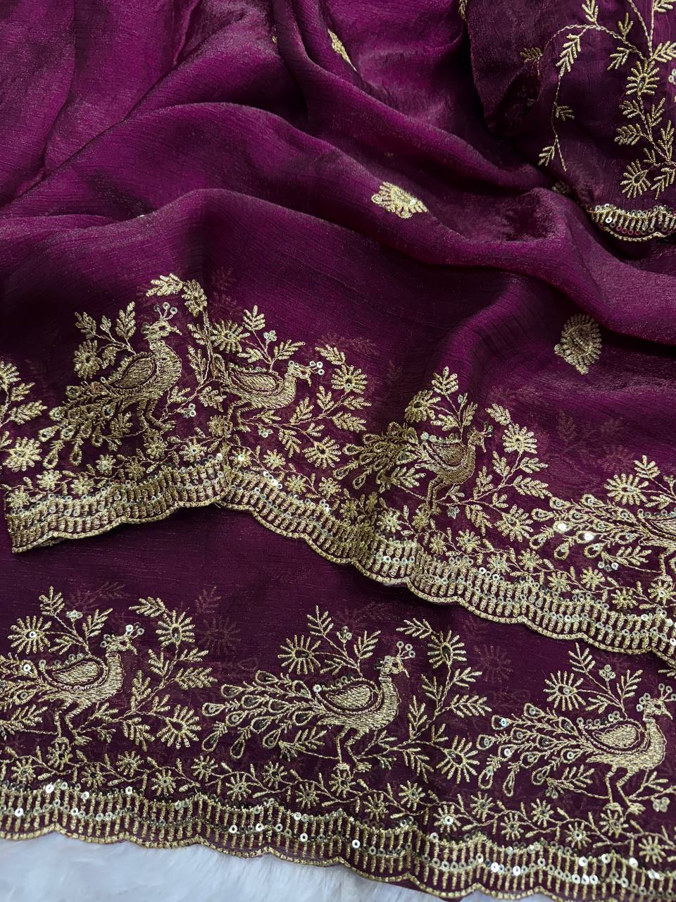 Wine Chiffon Silk Beautiful Sequence And Zari Embroidery Work Saree