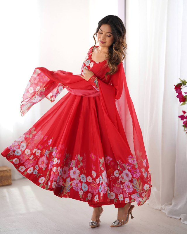 Red Pure Soft Organja Silk Flower Position Outing Work Salwar Suit